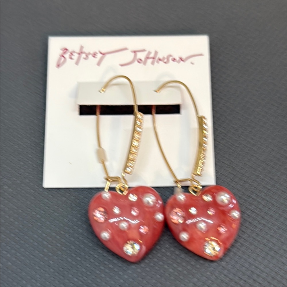 NWT! Betsey Johnson Red Heart Rhinestones Pearl Earrings